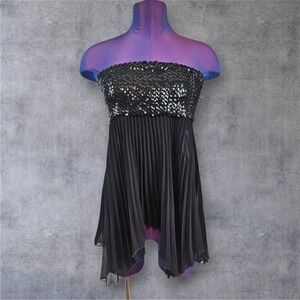 Vintage Muzzarrella Black Sequin Strapless Pleated Top Asymmetric Medium G69